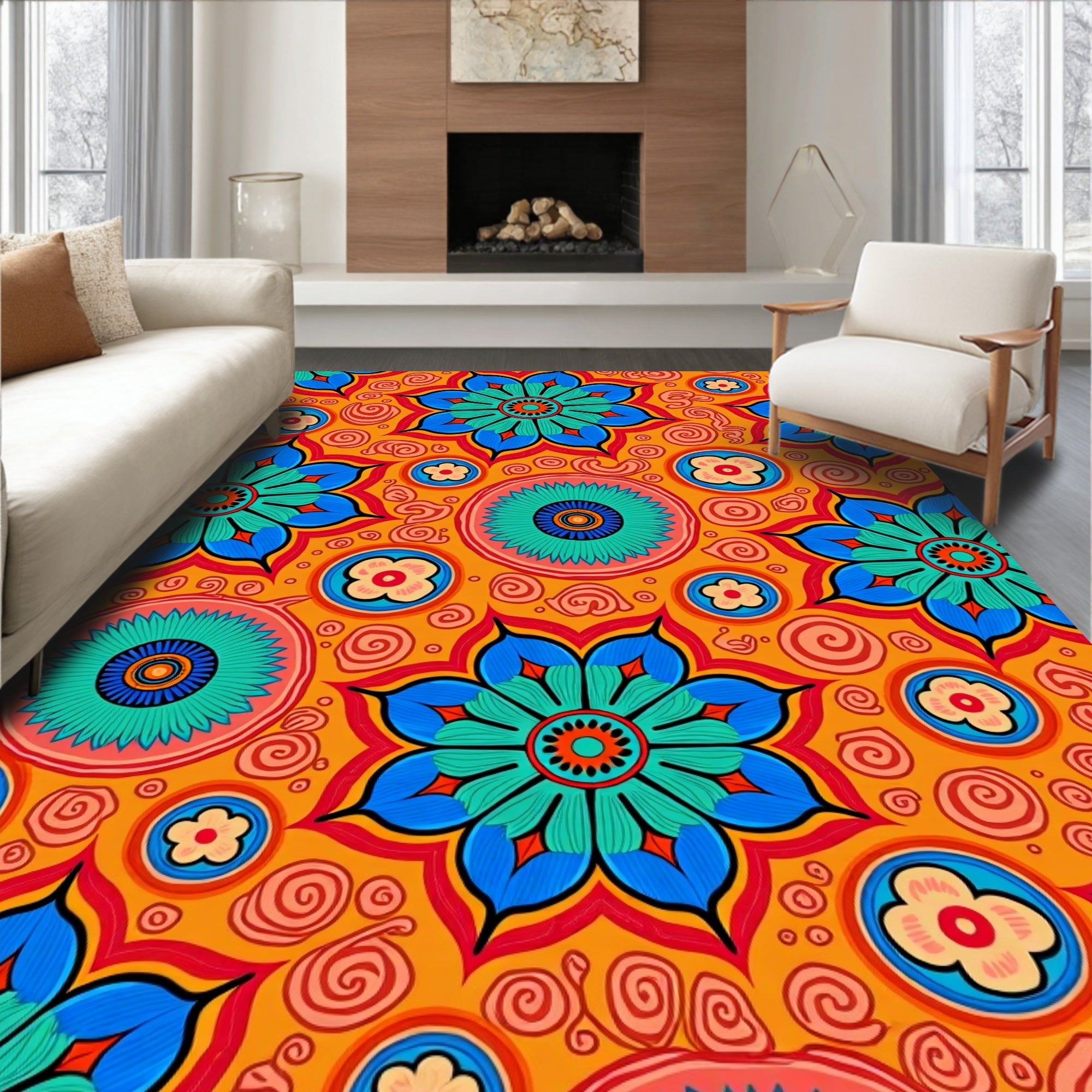 Bright Floral Mandala Pattern Rug