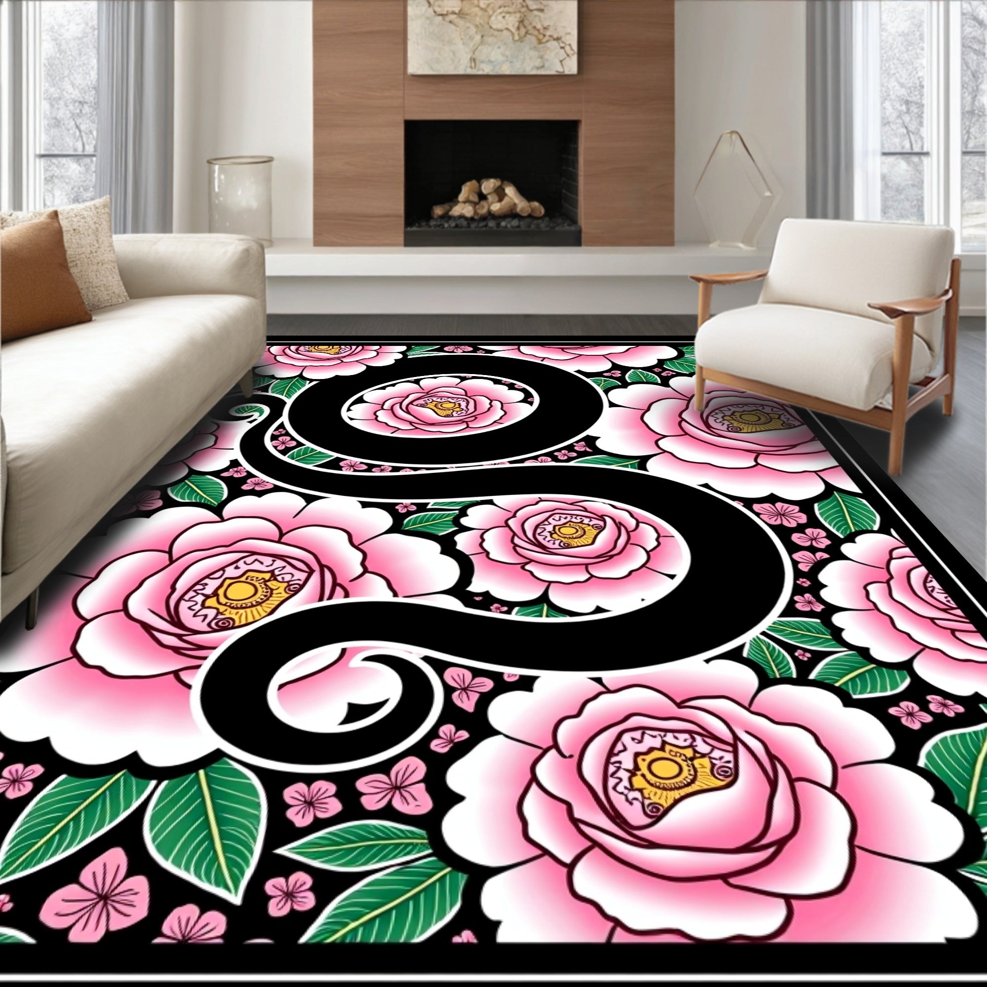Bold Floral Swirl Pink Black Rug