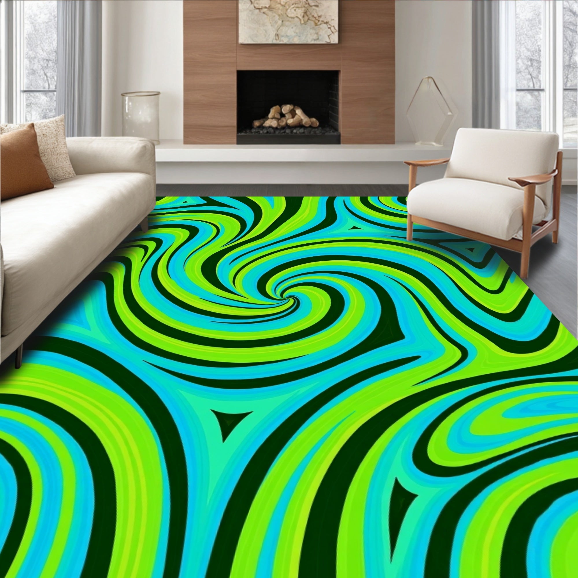 Swirling Green Blue Psychedelic Pattern Rug