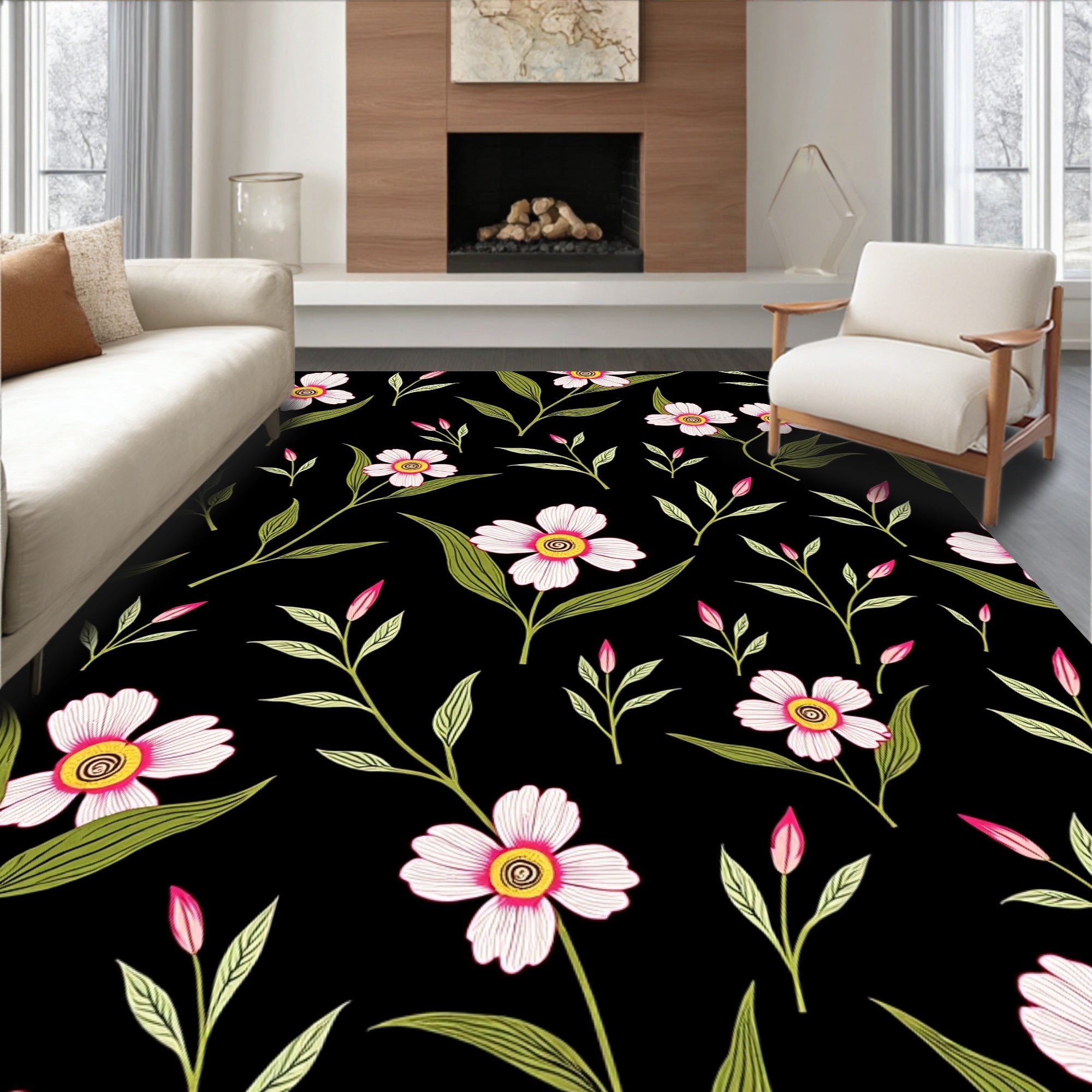 Black Floral Bloom Pattern Rug