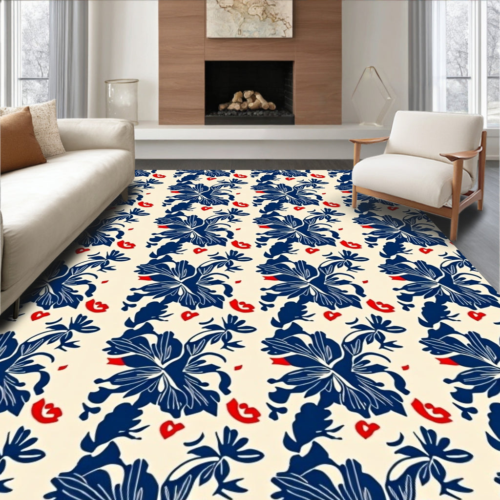 Navy Red Floral Patterned Rug