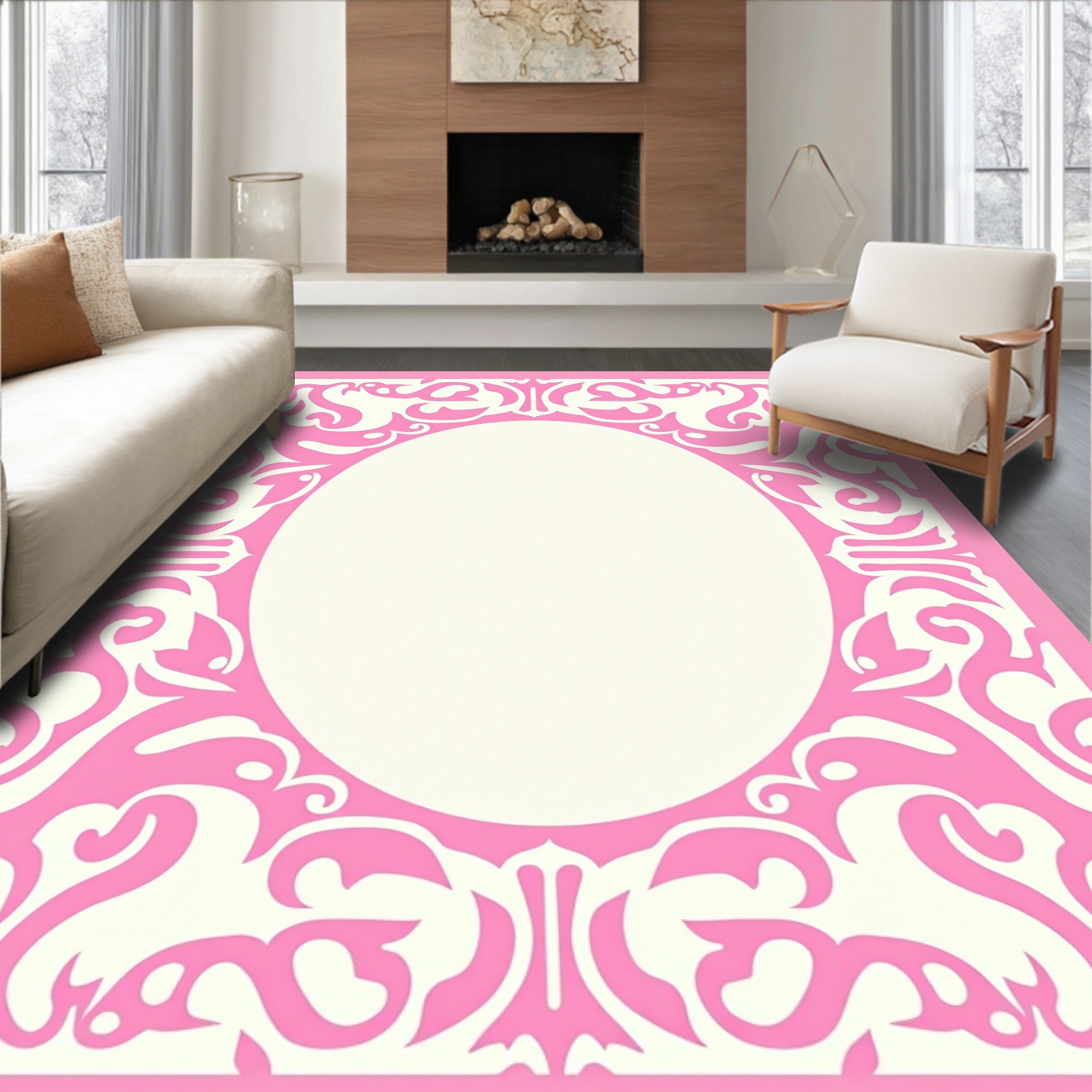Pink Floral Oval Motif Custom Design Rug