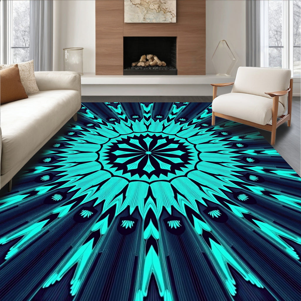 Turquoise Radiating Floral Sunburst Pattern Rug