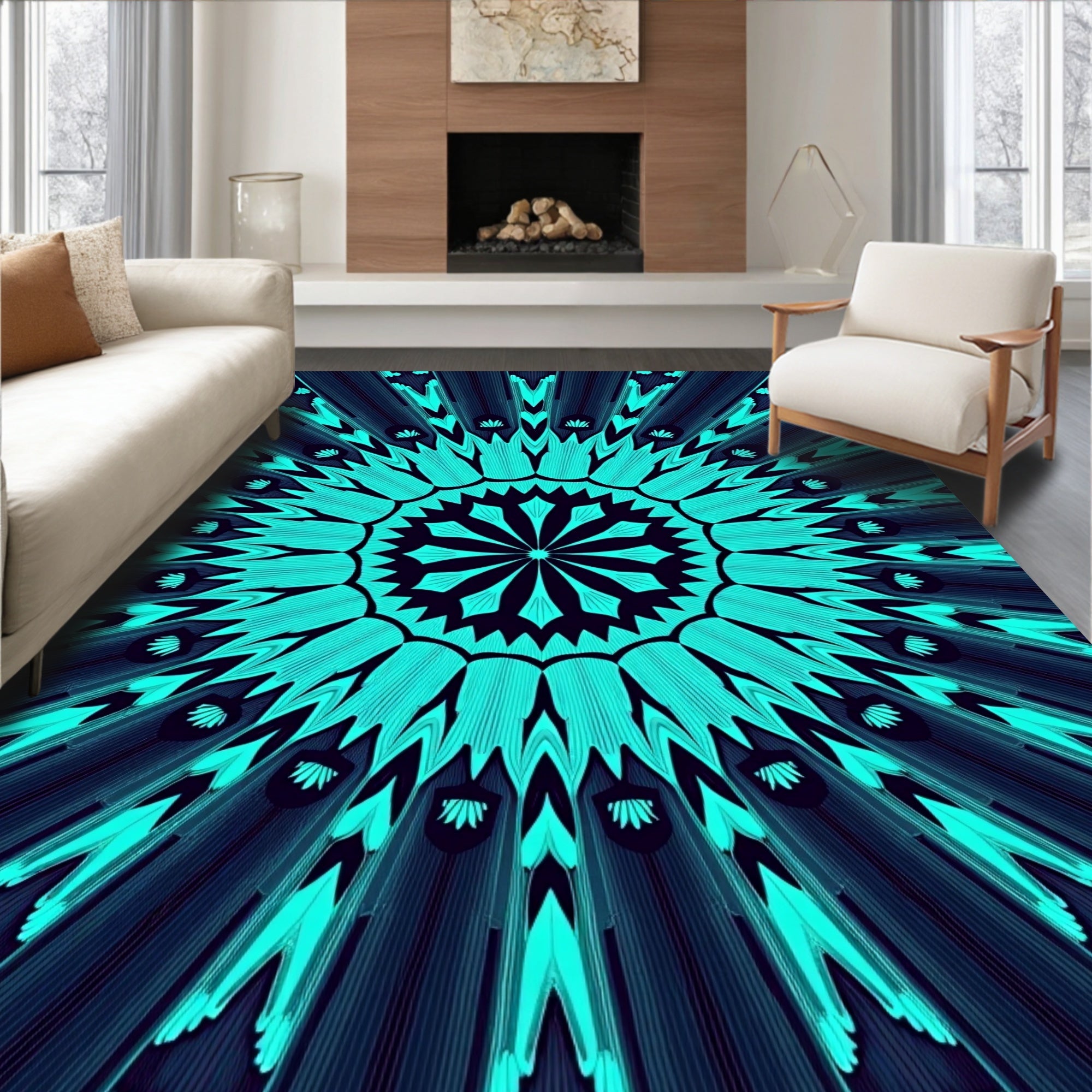 Turquoise Radiating Floral Sunburst Pattern Rug