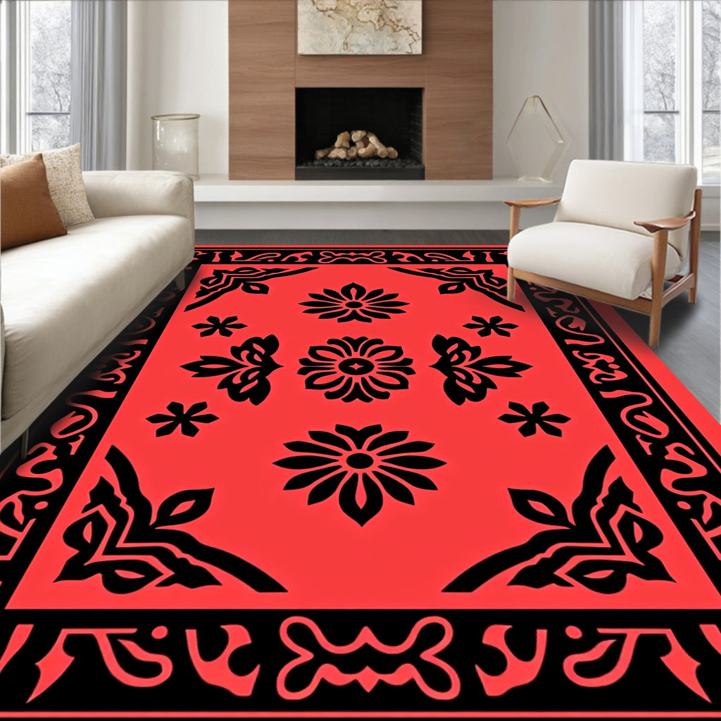 Bold Floral Patterned Red Black Rug