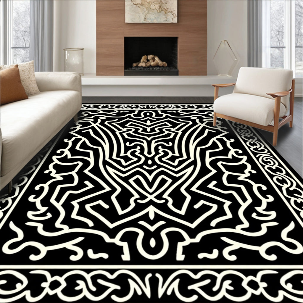 Intricate Ivory Abstract Maze Design Rug