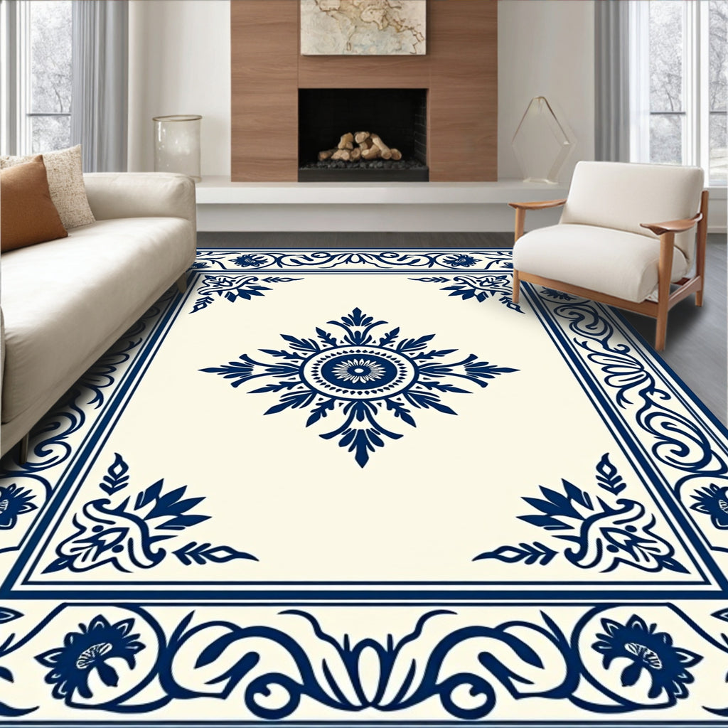 Elegant Navy Floral Medallion Pattern Rug