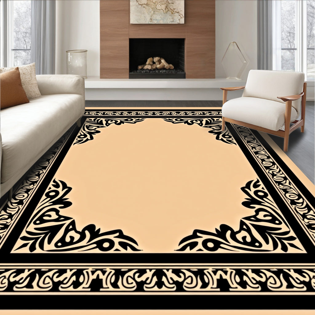 Bold Black Ornamental Square Pattern Rug