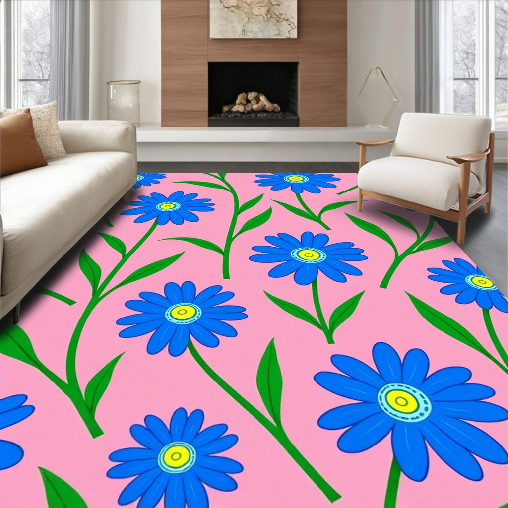 Whimsical Blue Floral Pink Garden Rug