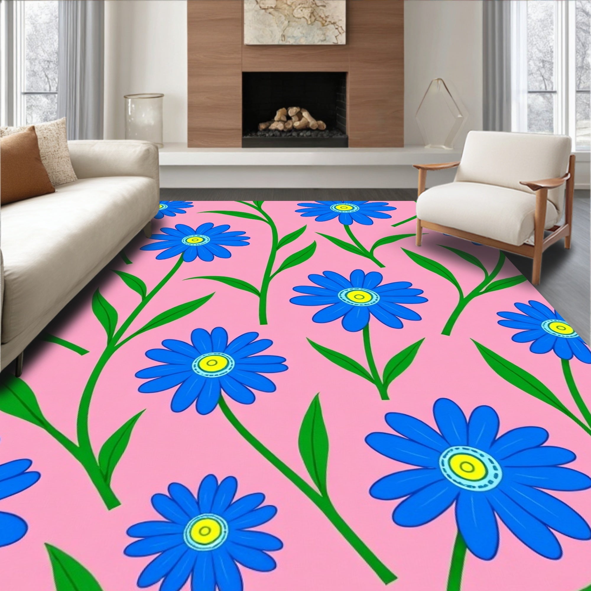 Whimsical Blue Floral Pink Garden Rug