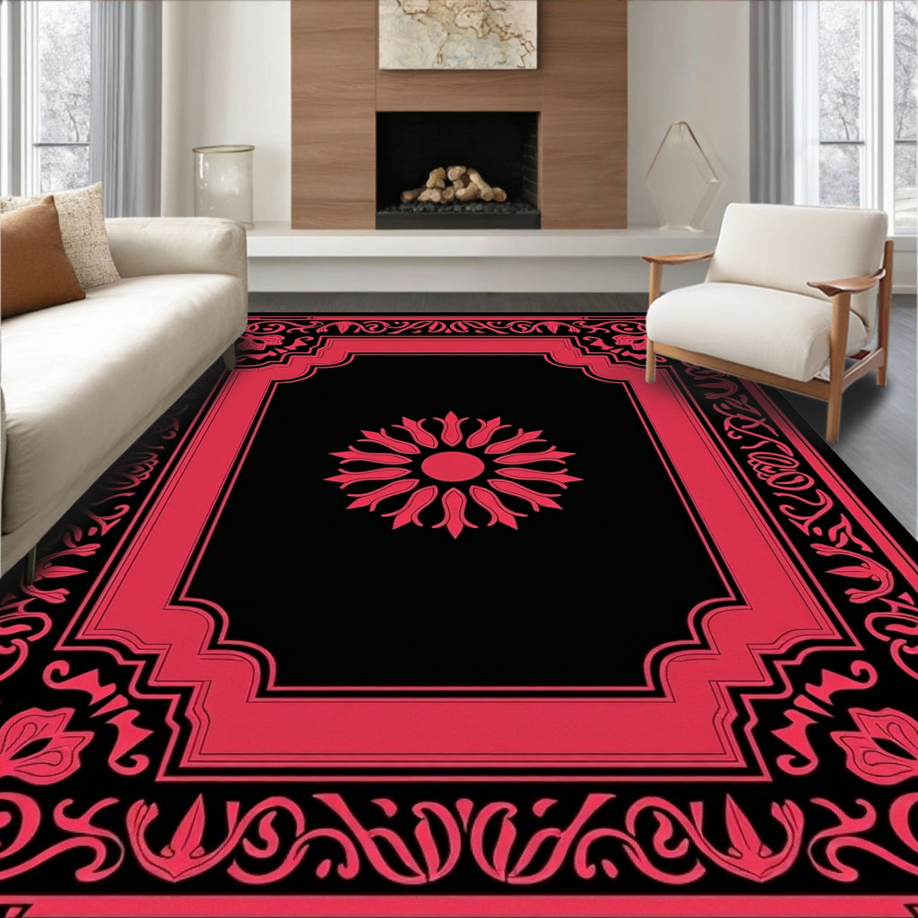 Elegant Crimson Floral Frame Rug