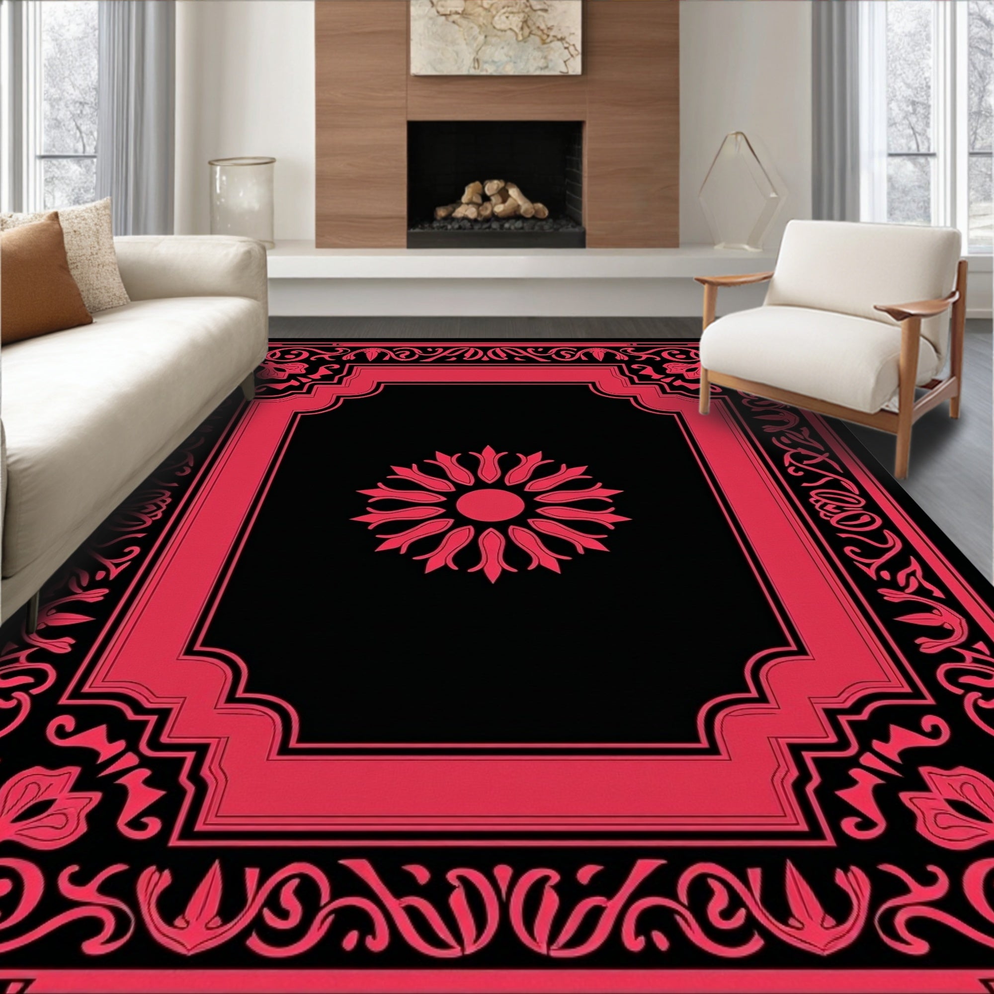 Elegant Crimson Floral Frame Rug