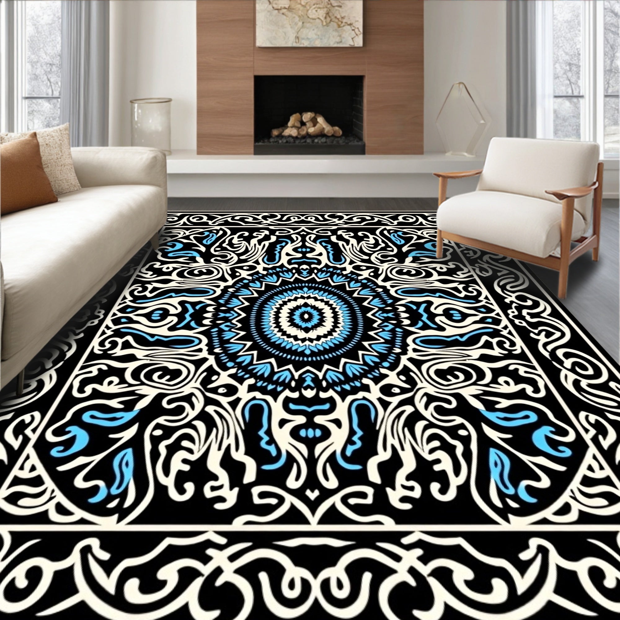 Ornate Mandala Blue Patterned Rug