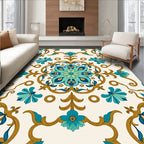 Ornate Turquoise Gold Floral Design Rug