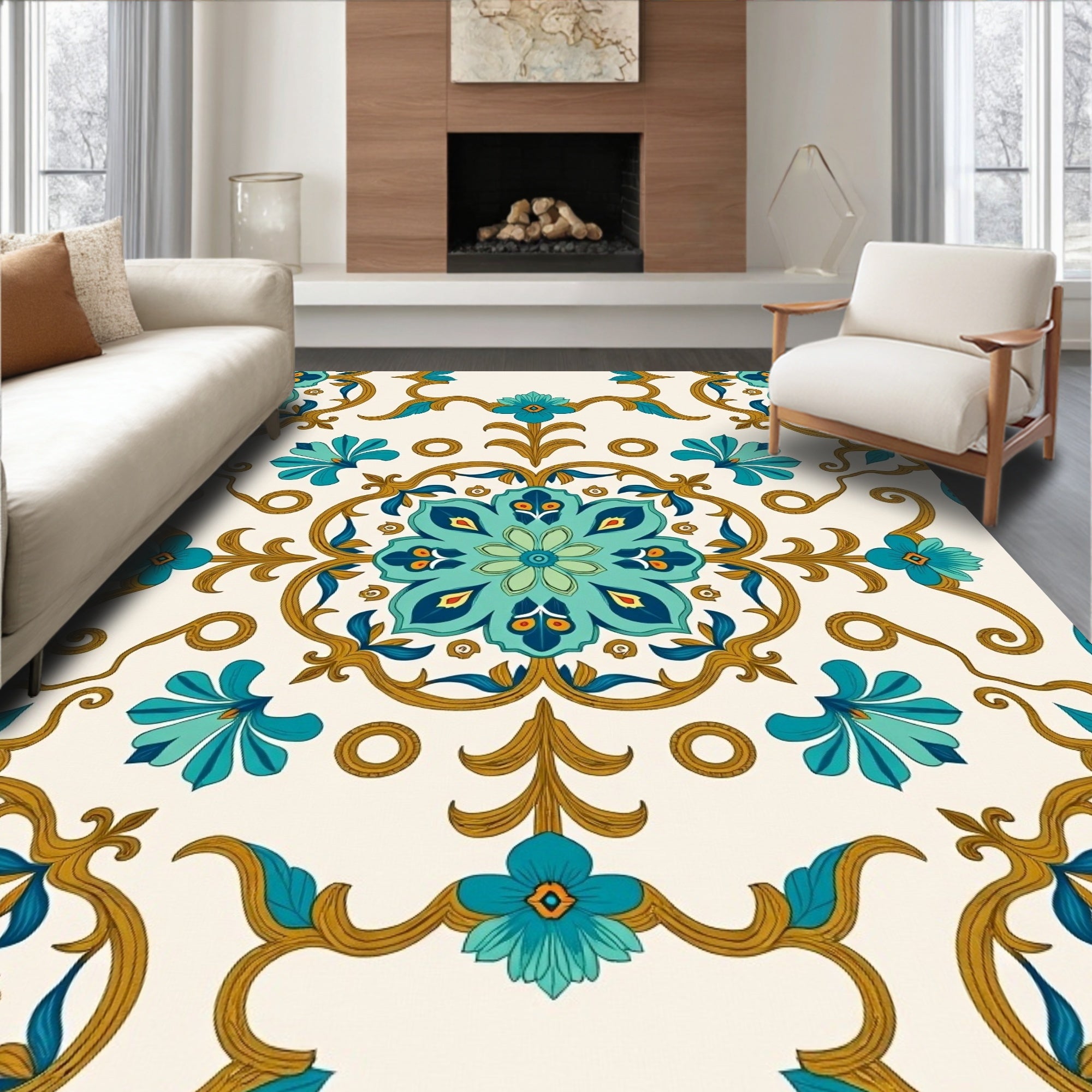 Ornate Turquoise Gold Floral Design Rug