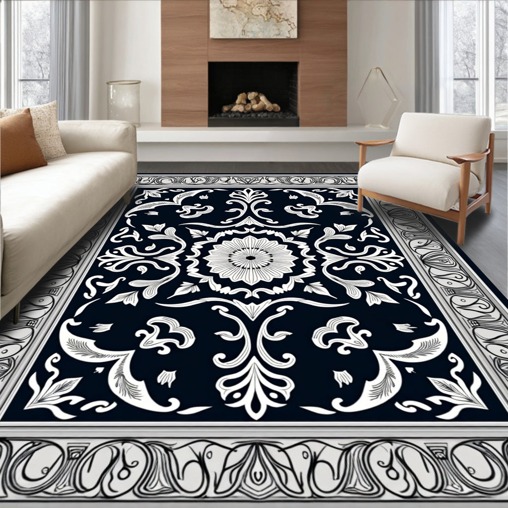 Elegant Black White Floral Relief Rug