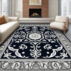 Elegant Black White Floral Relief Rug