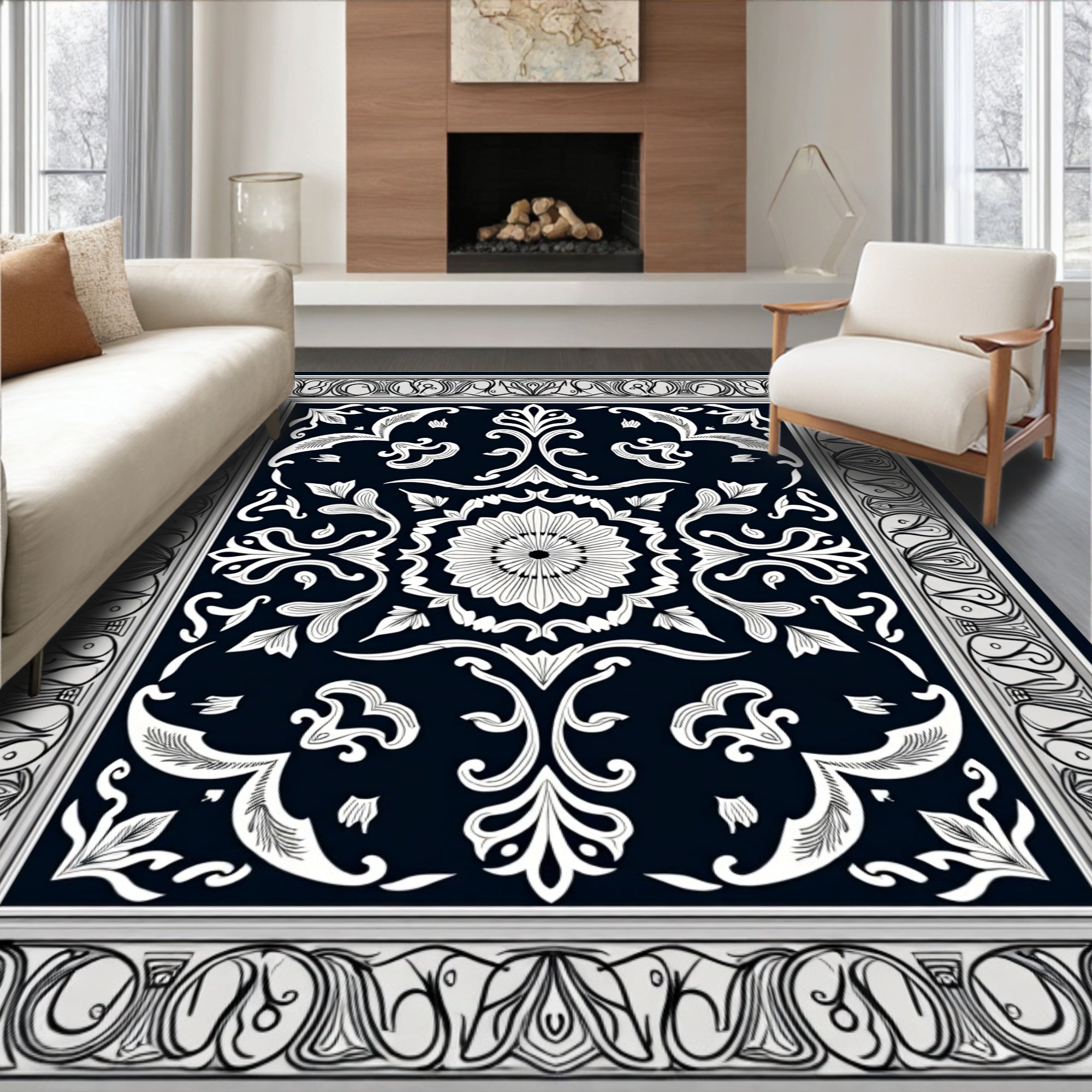 Elegant Black White Floral Relief Rug