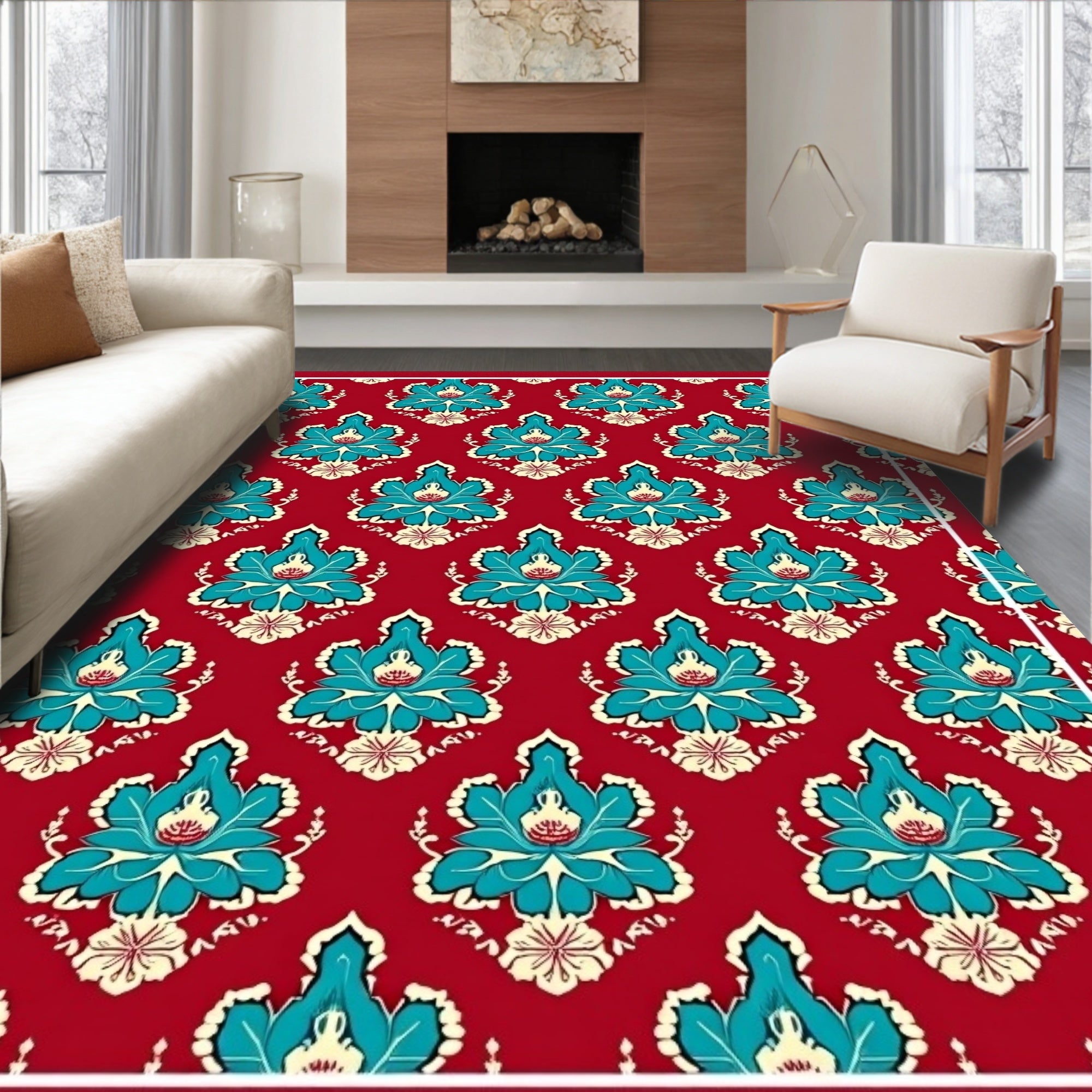 Teal Lotus All Over Floral Design Rug