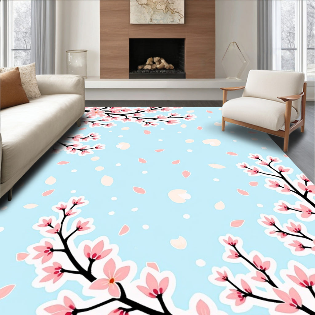 Pink Cherry Blossom Branches on Blue Rug