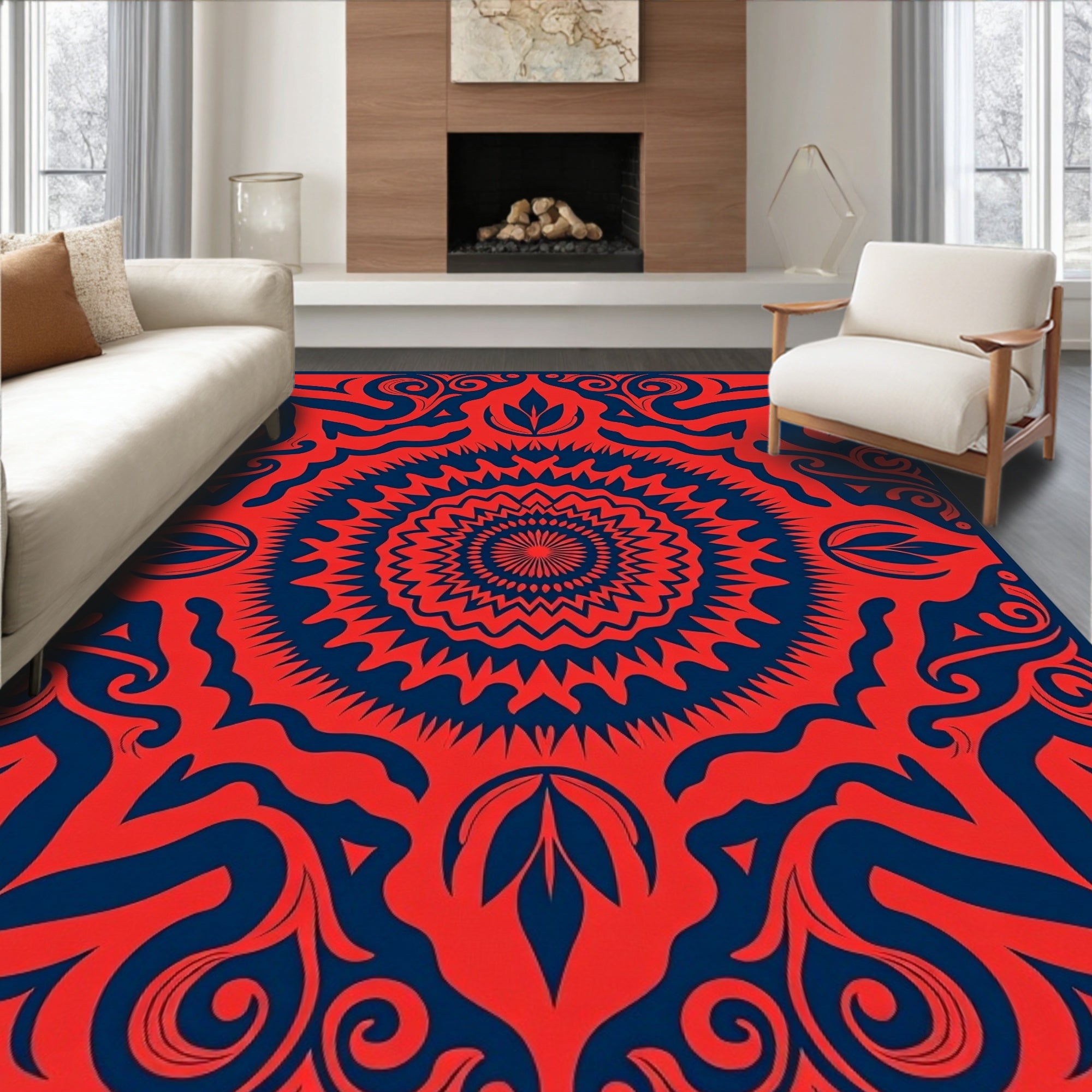 Bold Red Navy Symmetrical Design Rug