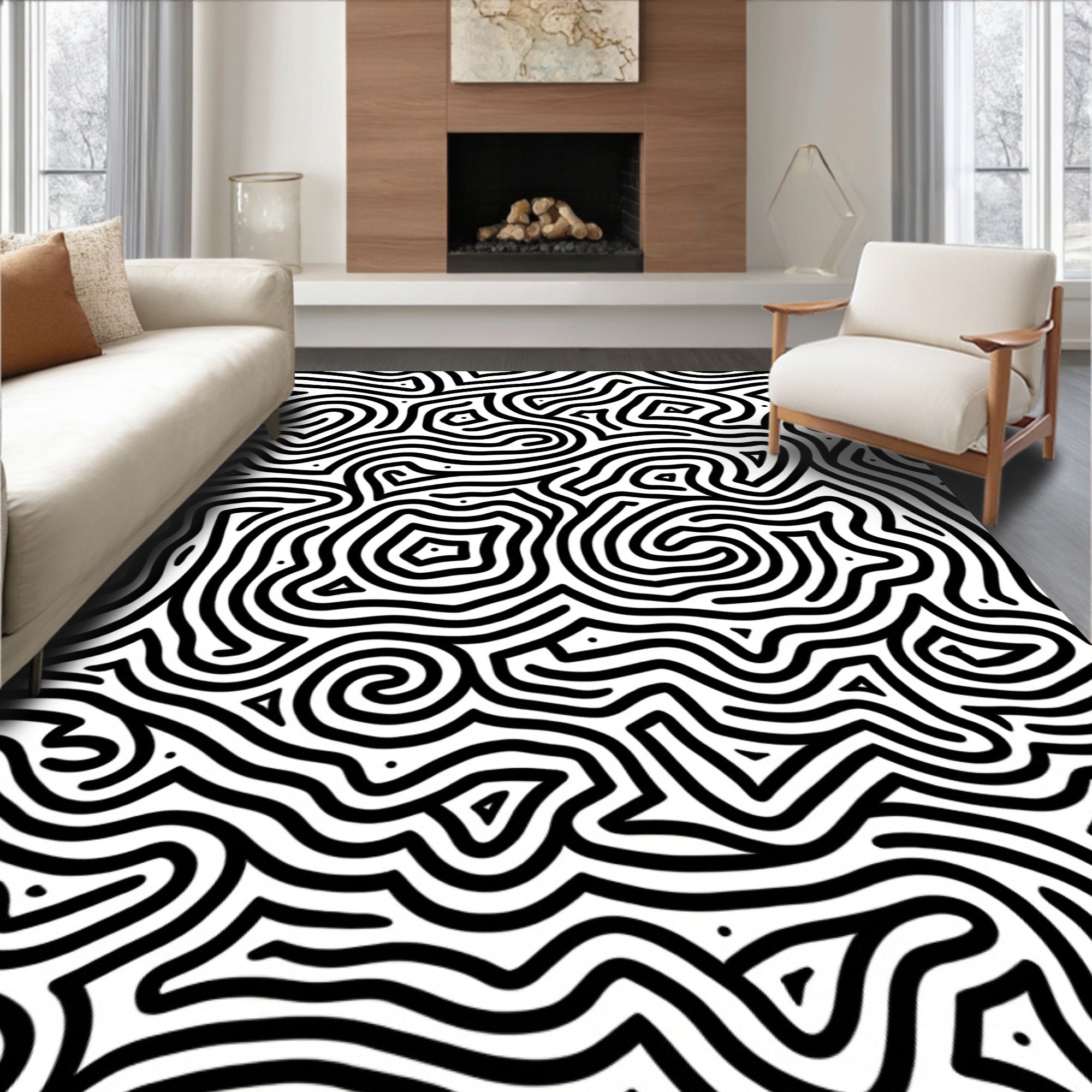Black White Abstract Maze Pattern Rug