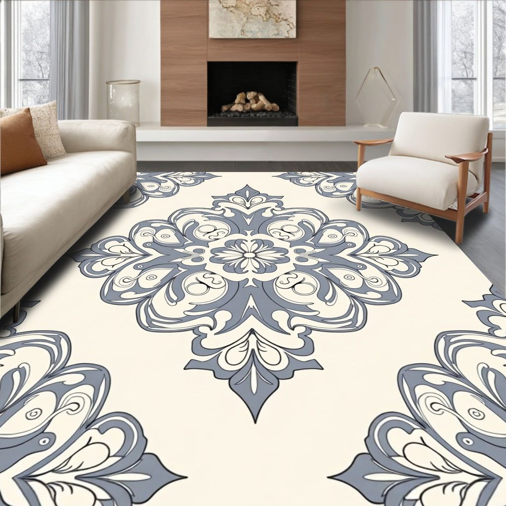 Elegant Ivory Blue Damask Pattern Rug