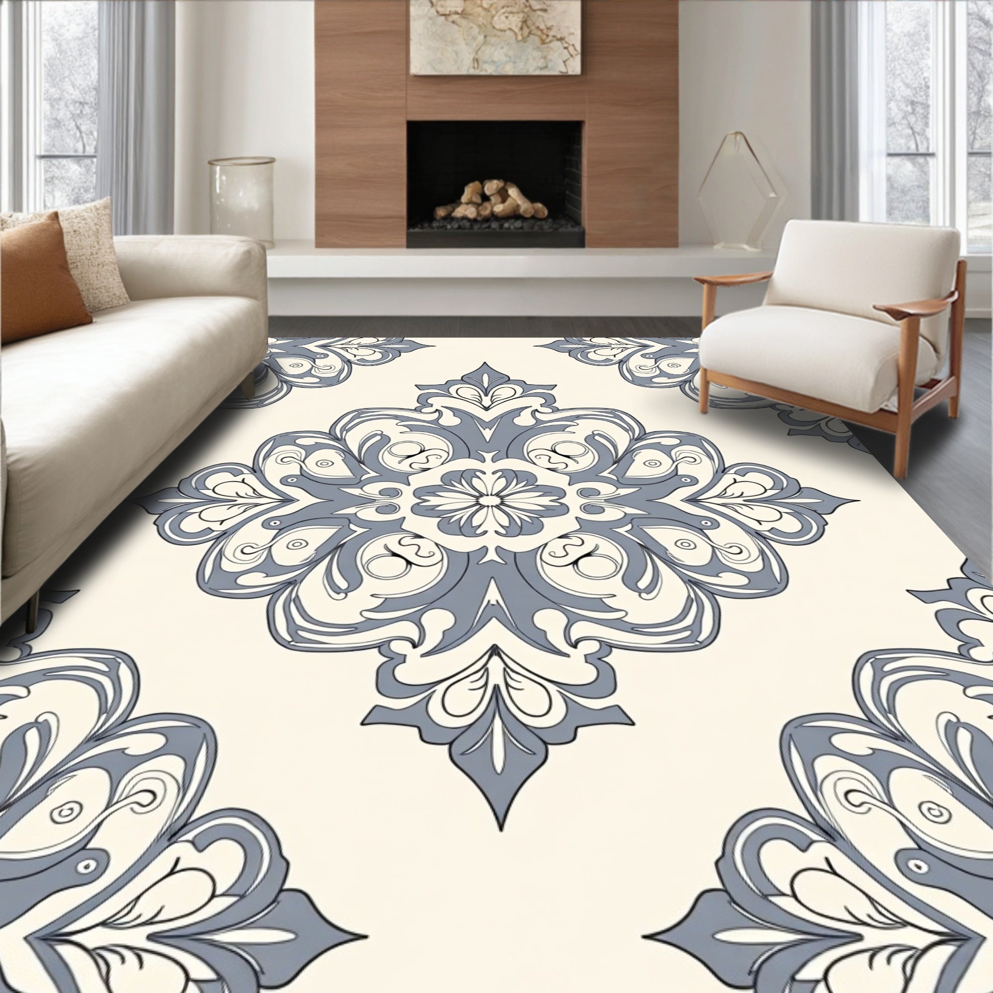 Elegant Ivory Blue Damask Pattern Rug
