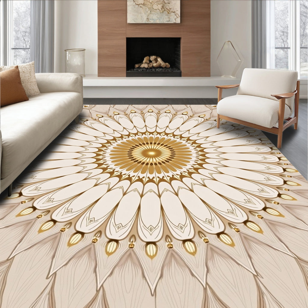 Golden Sunburst Mandala Style Rug