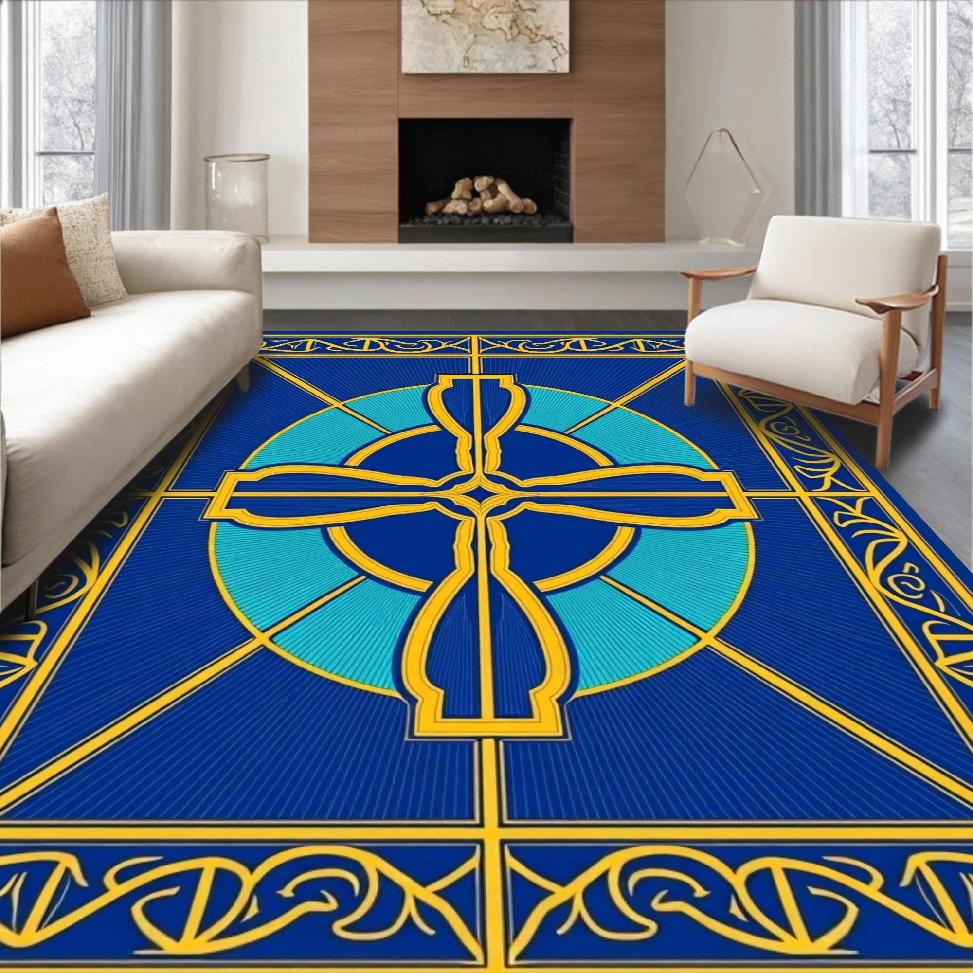 Bold Golden Geometric Cross Design Rug