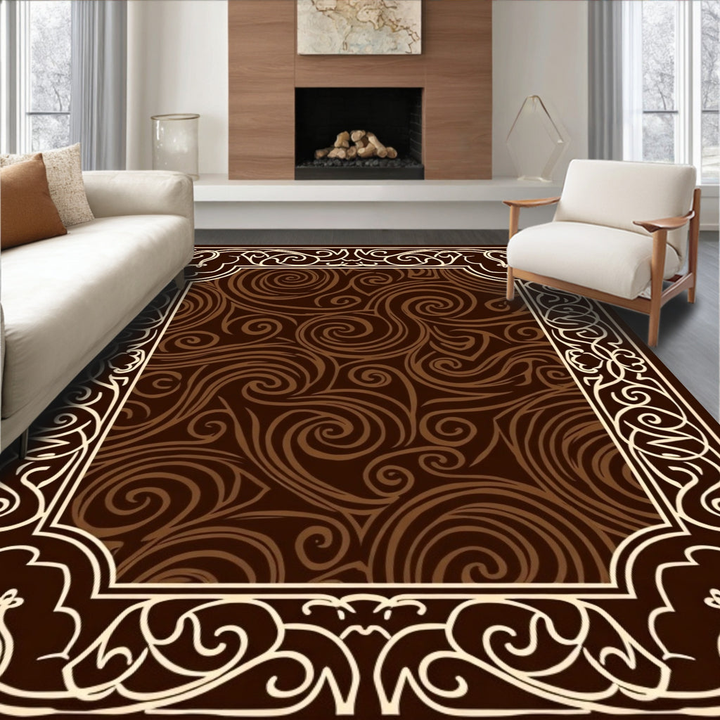 Brown Swirls Intricate Border Rug