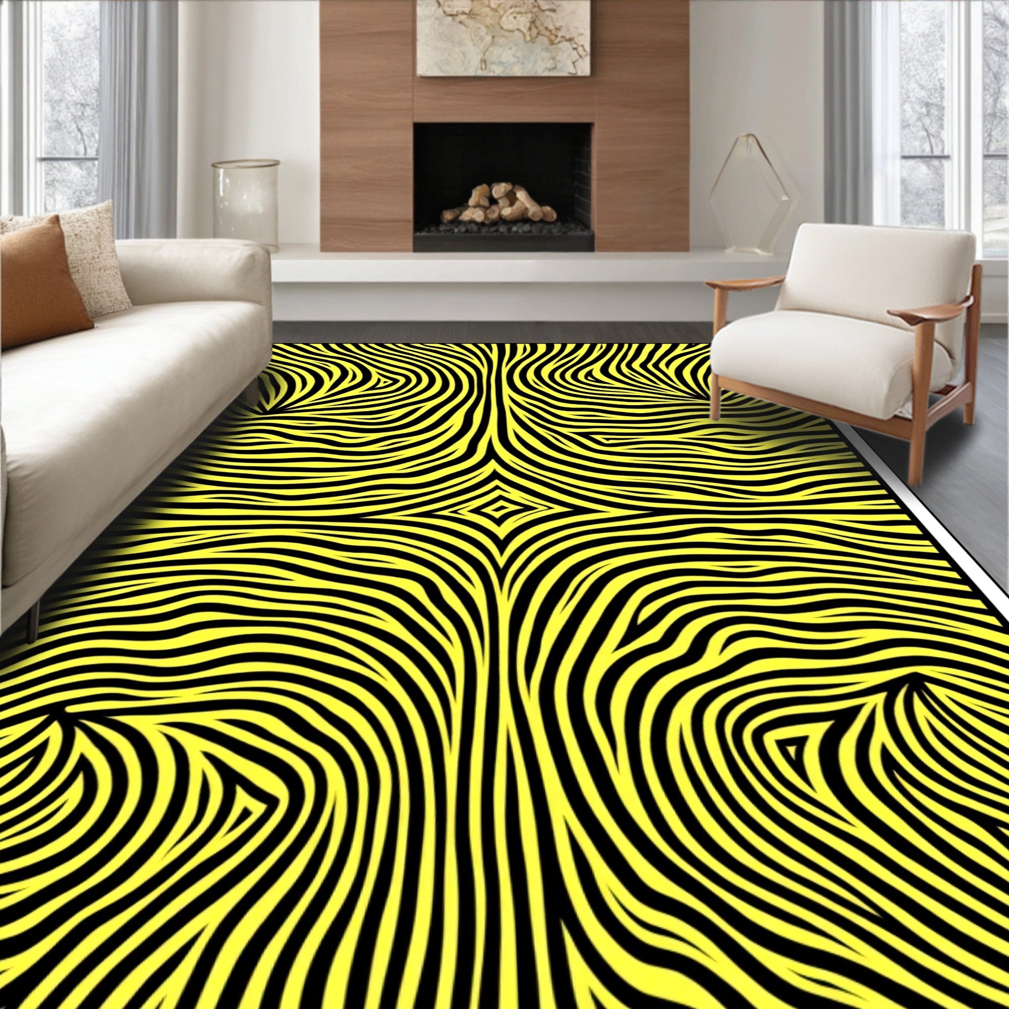Abstract Yellow Black Wavy Lines Rug