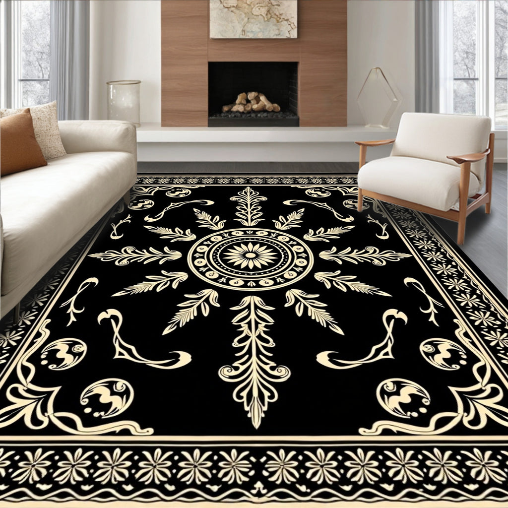 Elegant Black Ivory Floral Scroll Rug