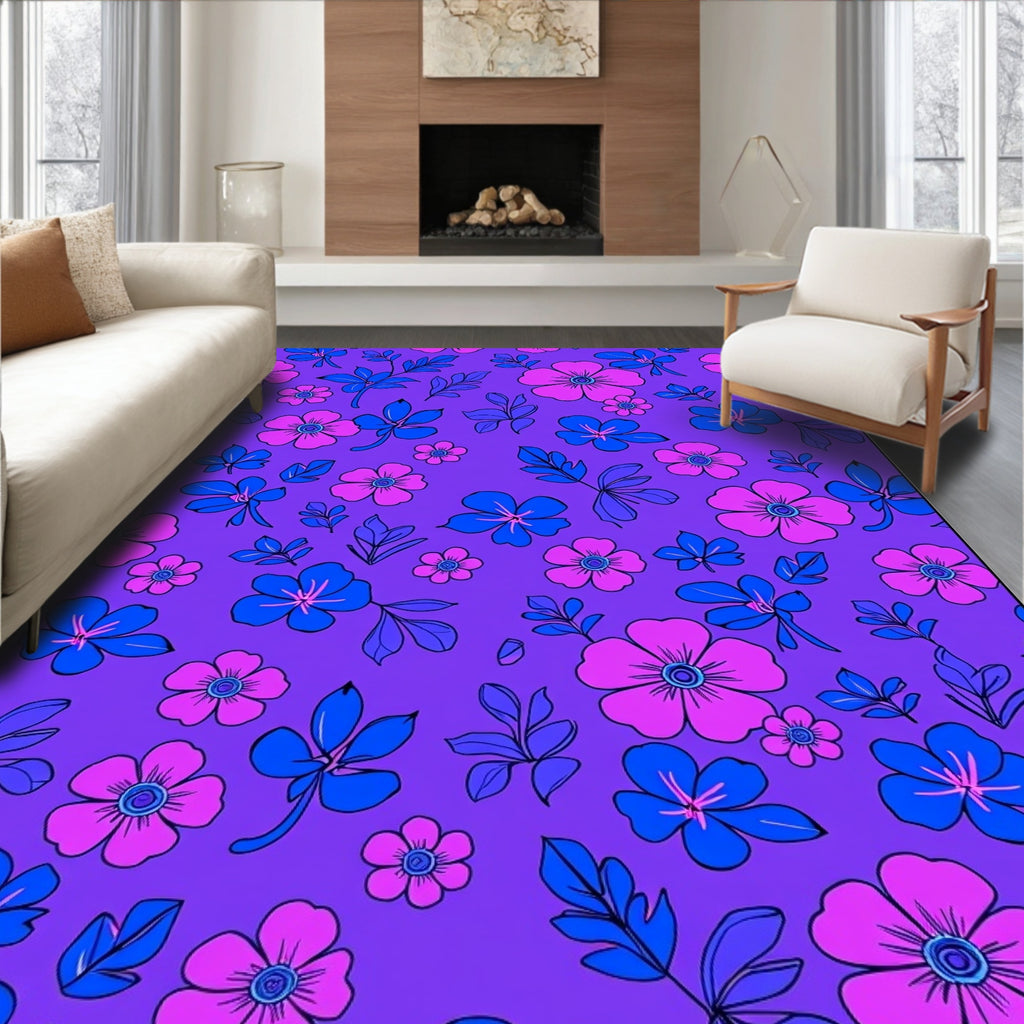 Vibrant Floral Pattern With Pink Blue Flowers Rug