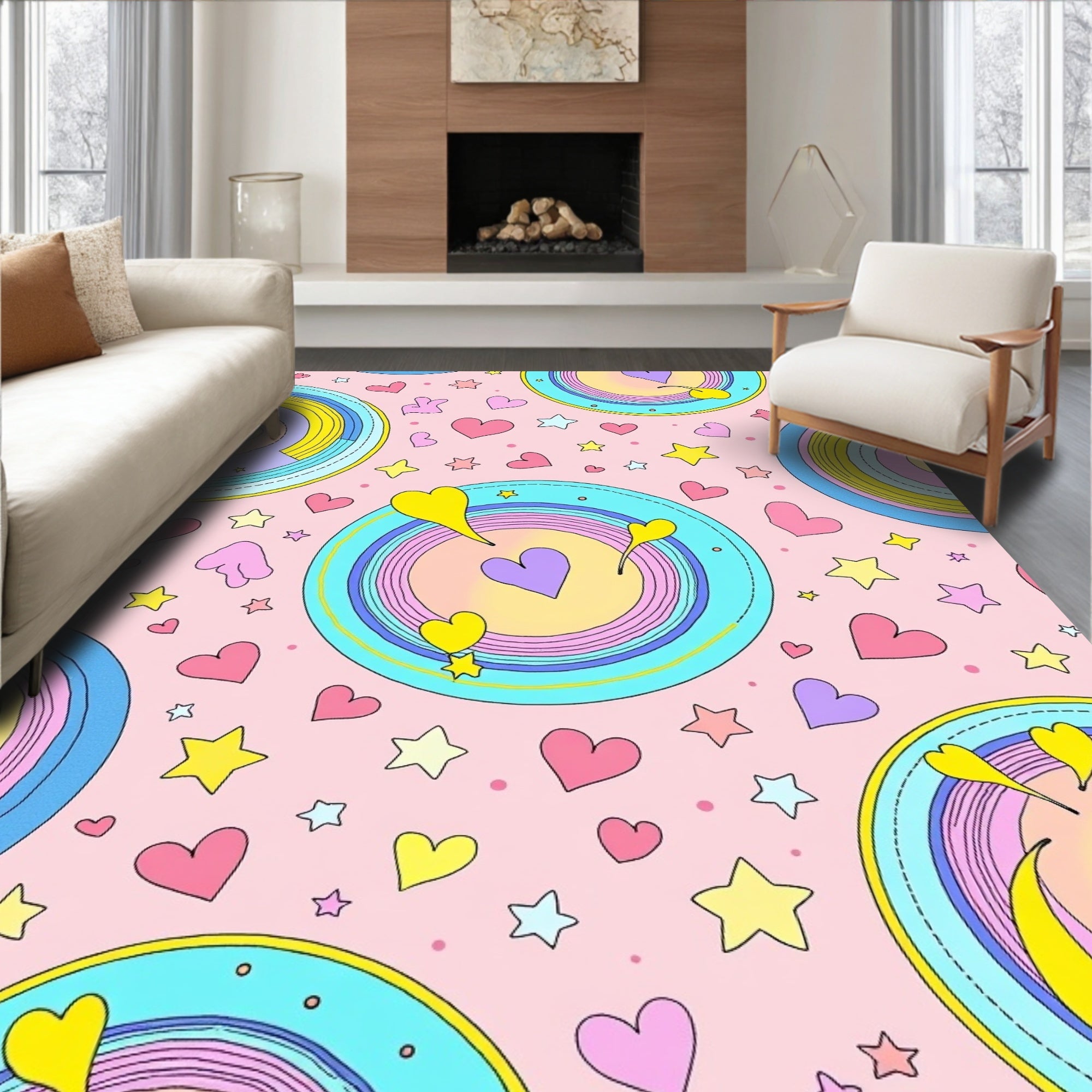 Colorful Circular Hearts and Stars Design Rug