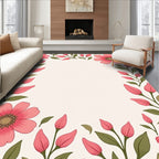 Pink floral border with green leaves Rug