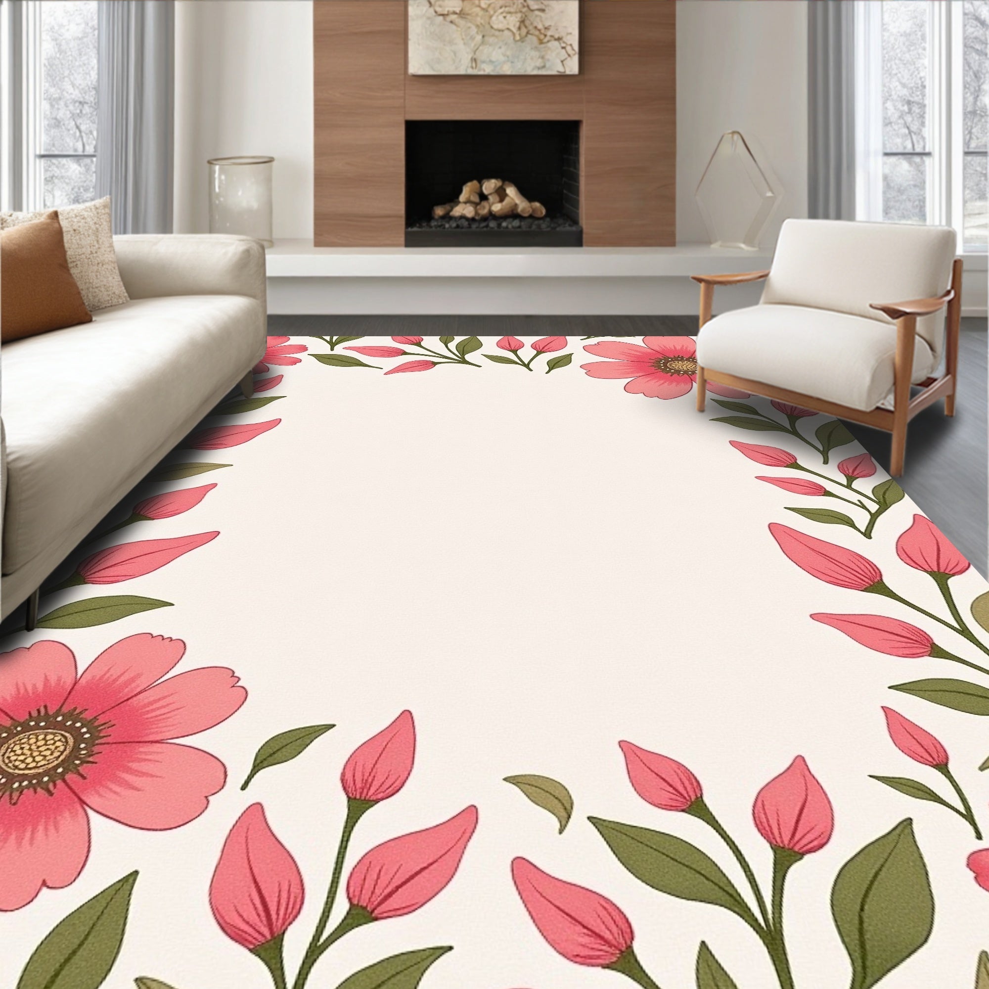 Pink floral border with green leaves Rug