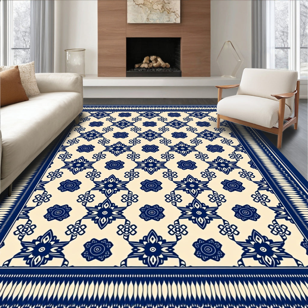 Classic Blue and Cream Intricate Floral Pattern Rug
