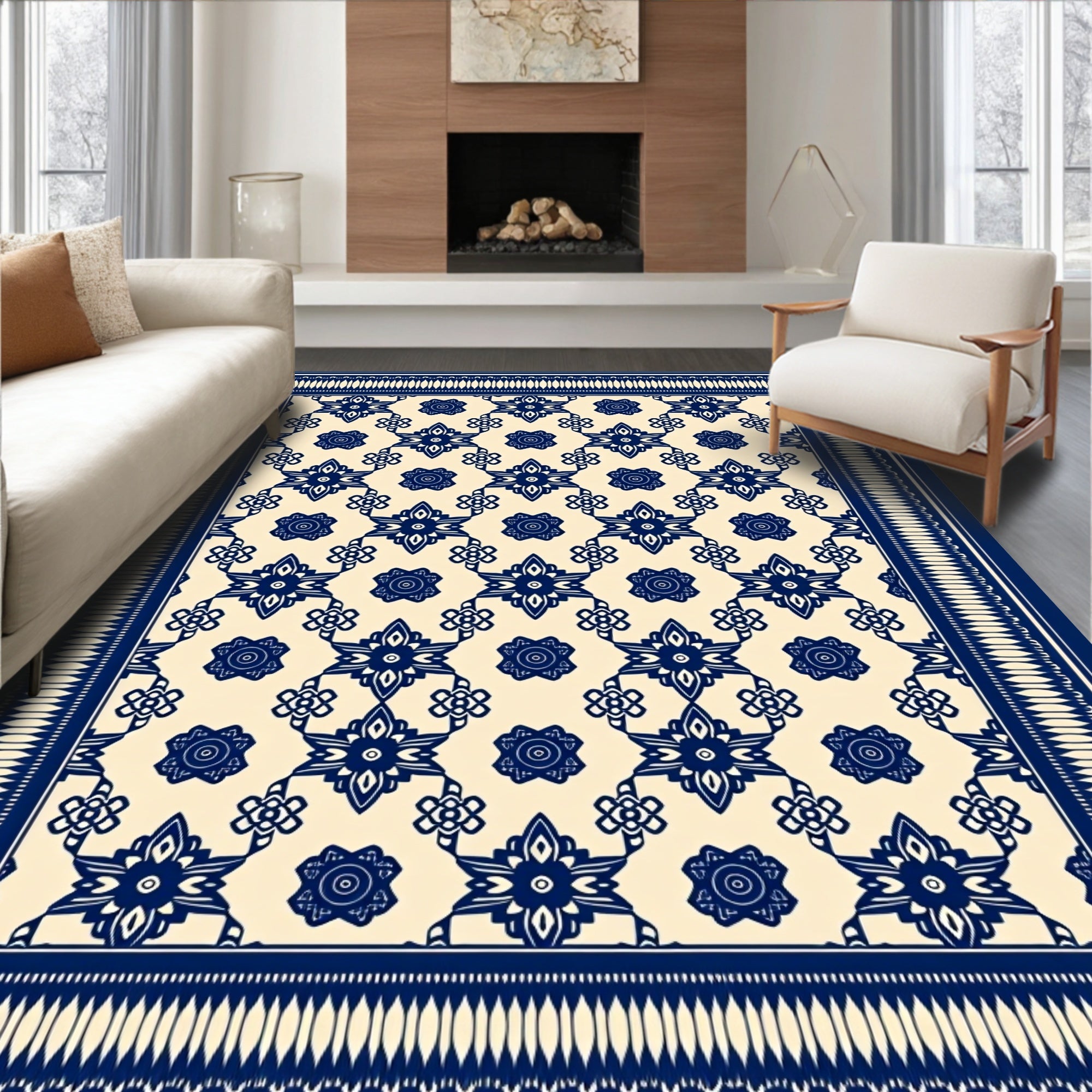 Classic Blue and Cream Intricate Floral Pattern Rug