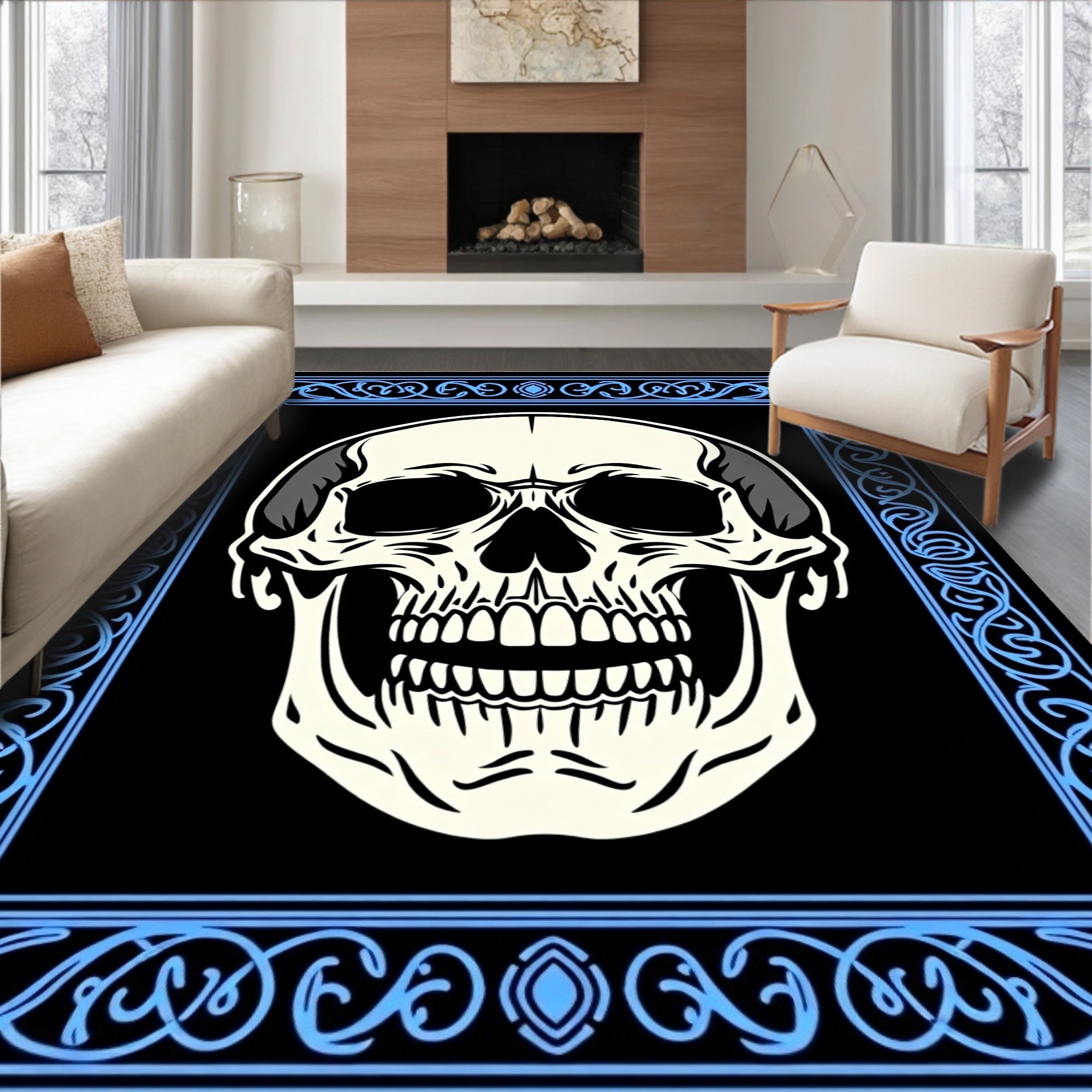 Ornate Blue Skull Black Backdrop Rug