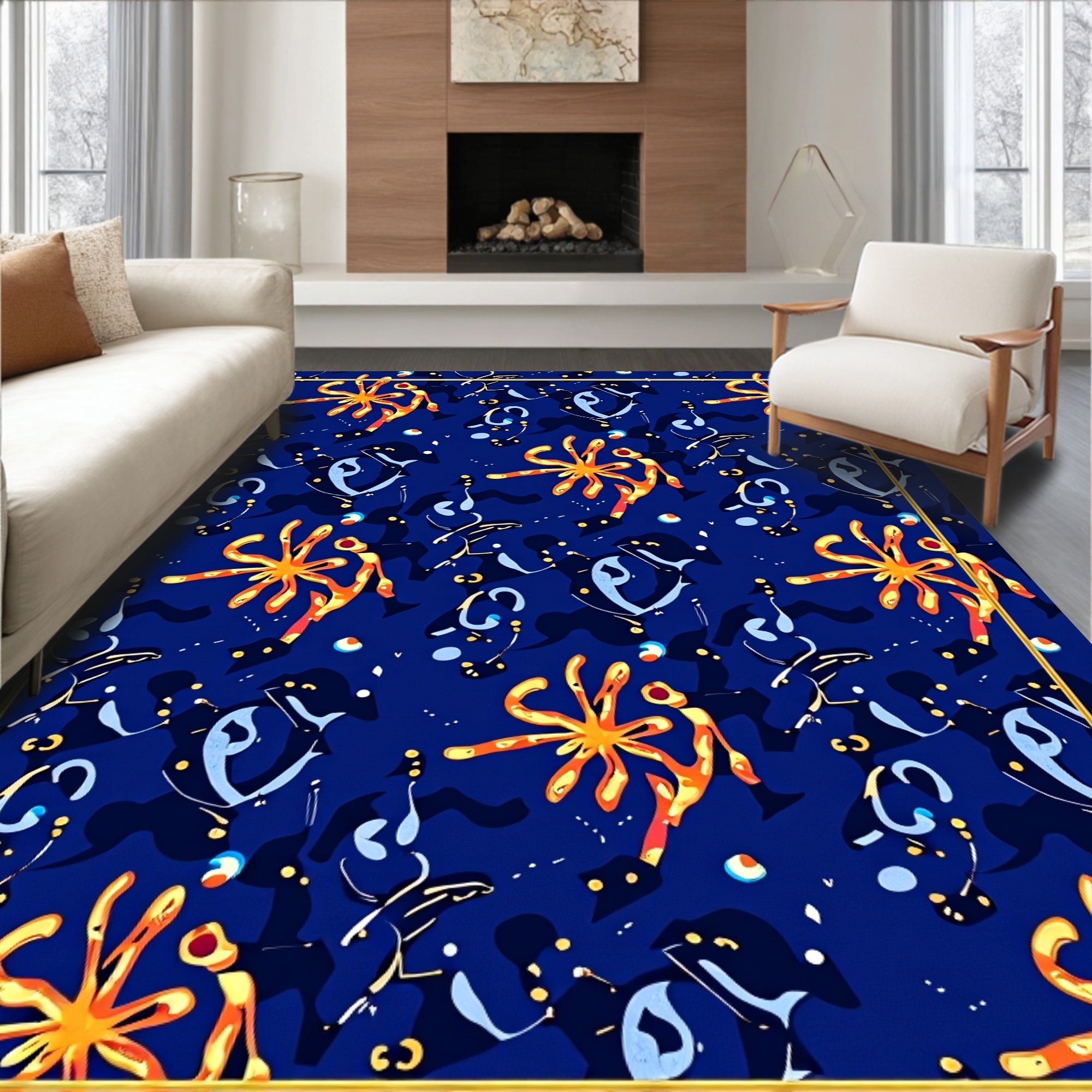 Abstract Blue Starburst Pattern Rug
