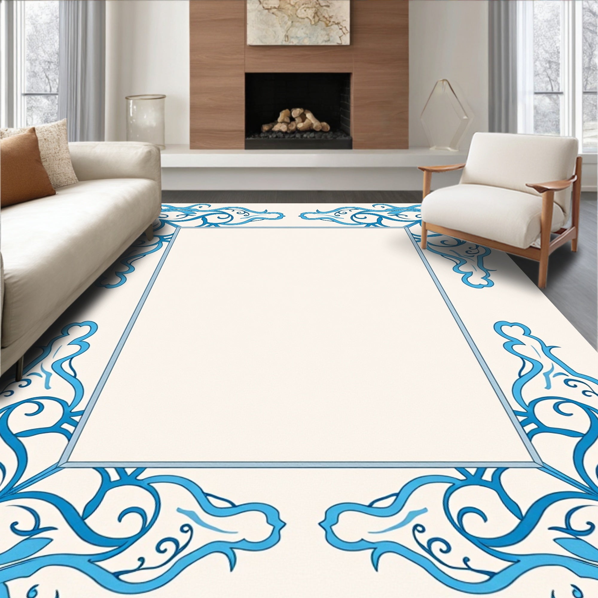 Blue Swirls Ornamental Frame Design Rug