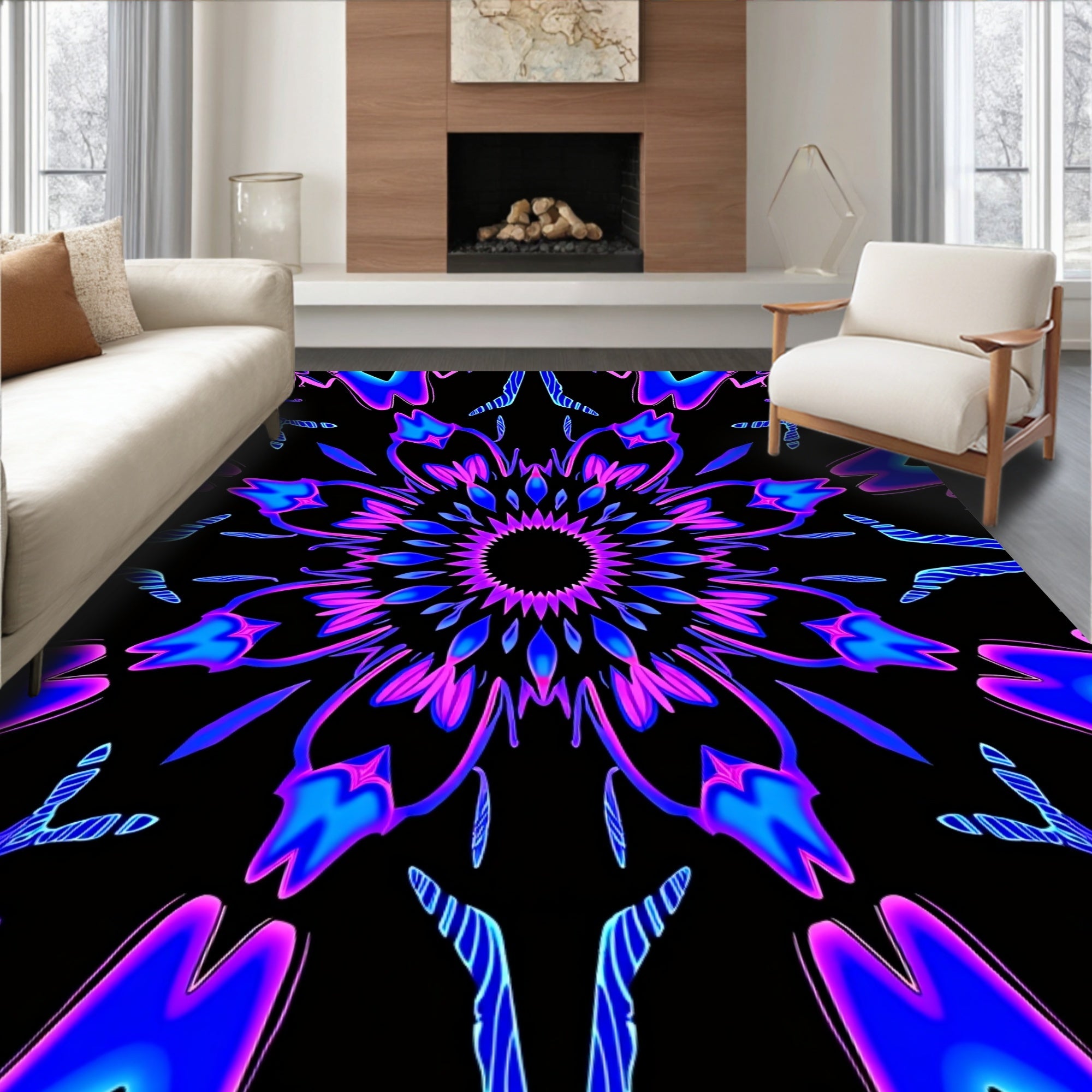 Vibrant Neon Floral Mandala Rug
