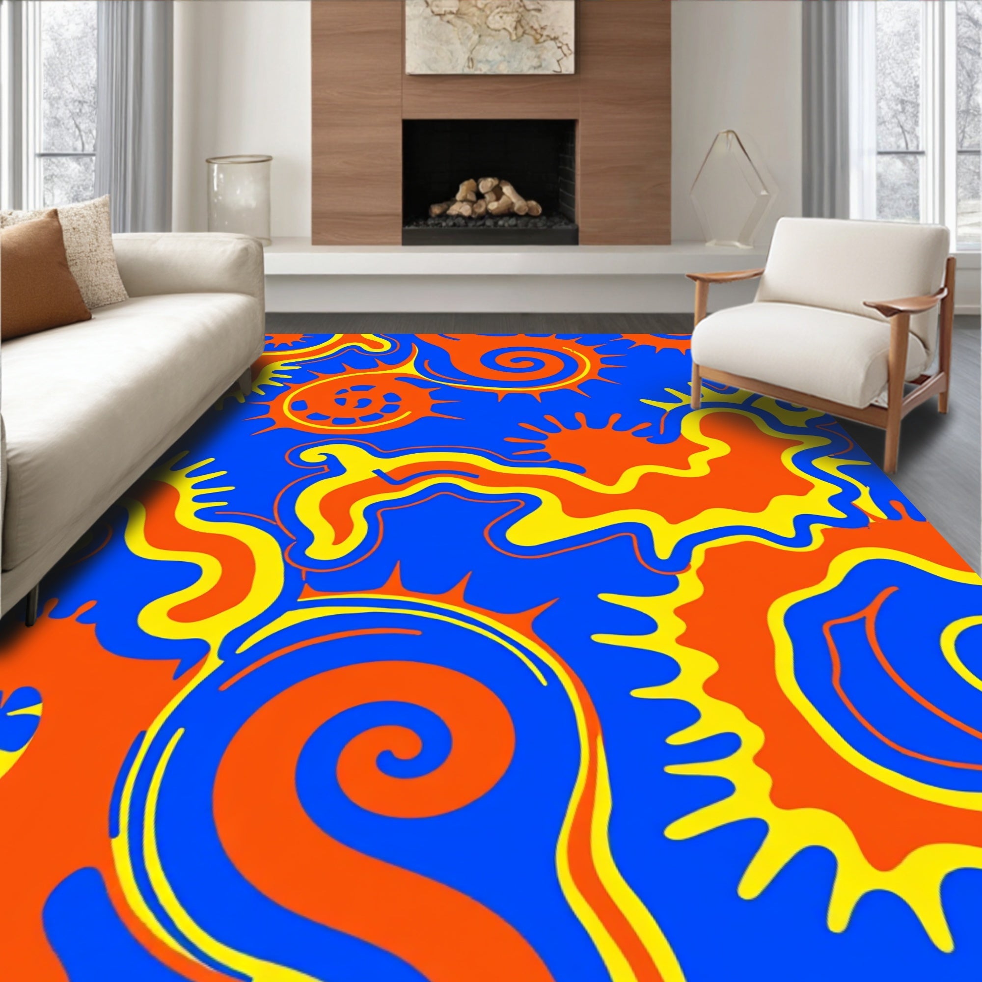 Swirling Abstract Orange Yellow Blue Design Rug