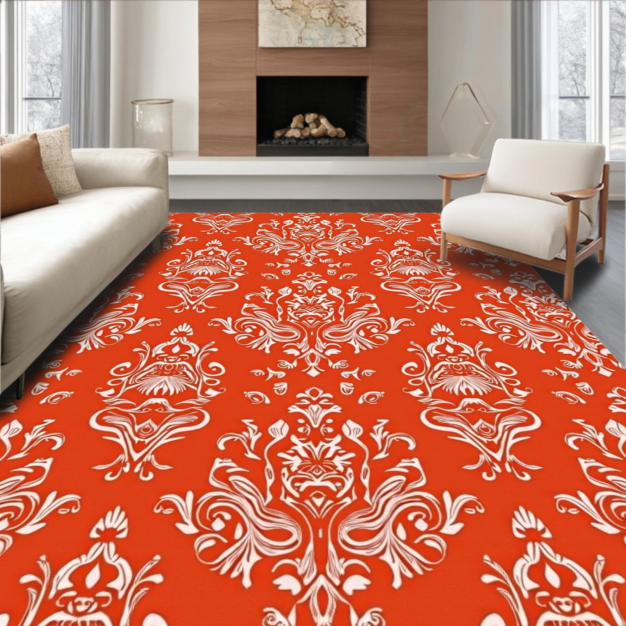 Ornate White Floral Damask Pattern Rug