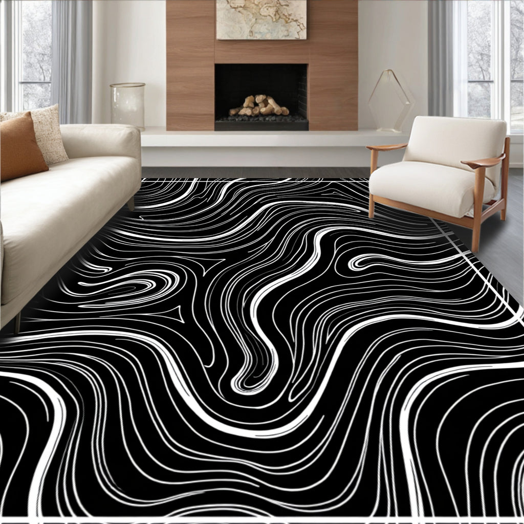 Abstract Black White Swirl Pattern Rug