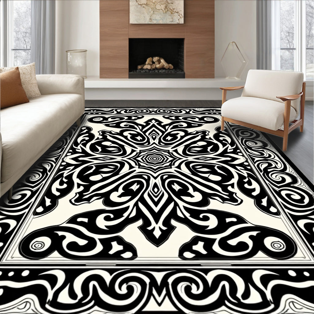 Intricate Black White Symmetrical Pattern Rug