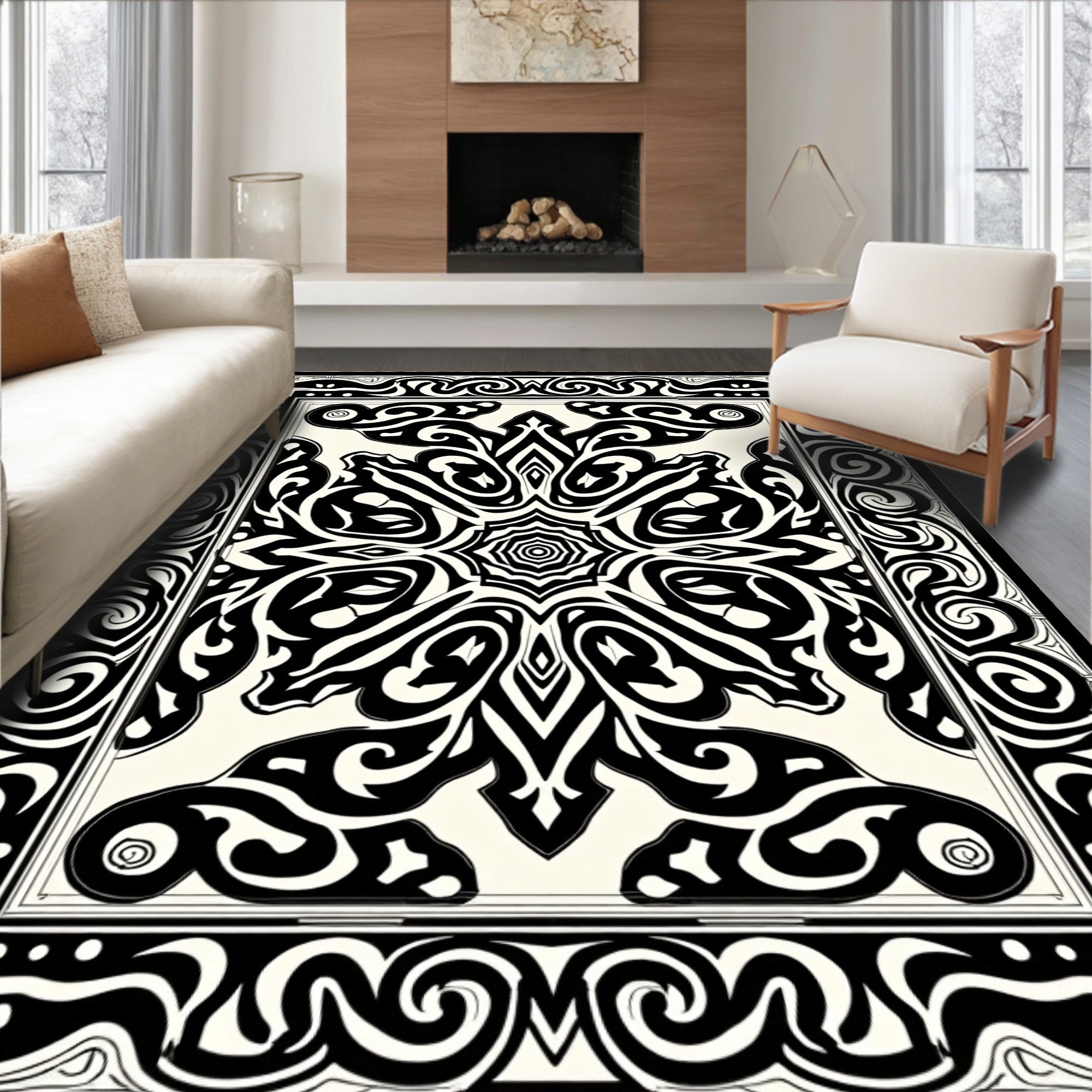 Intricate Black White Symmetrical Pattern Rug