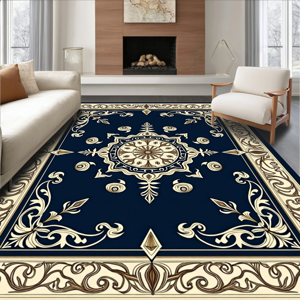 Classic Navy Cream Floral Medallion Rug