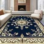 Classic Navy Cream Floral Medallion Rug